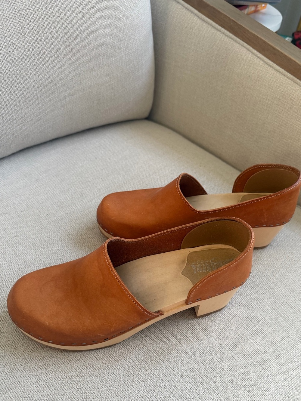 Women's Tan Leather Slip-On Clog Heels